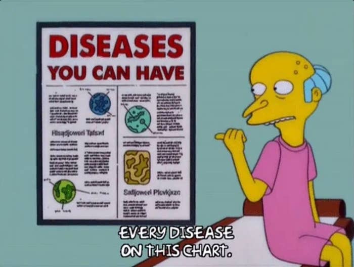 Animated character in hospital gown points to poster titled "Diseases You Can Have," humorously listing fictional diseases. Caption: "Every disease on this chart."