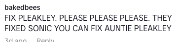 Comment asking to "fix" a character named Pleakley, comparing it to fixing Sonic