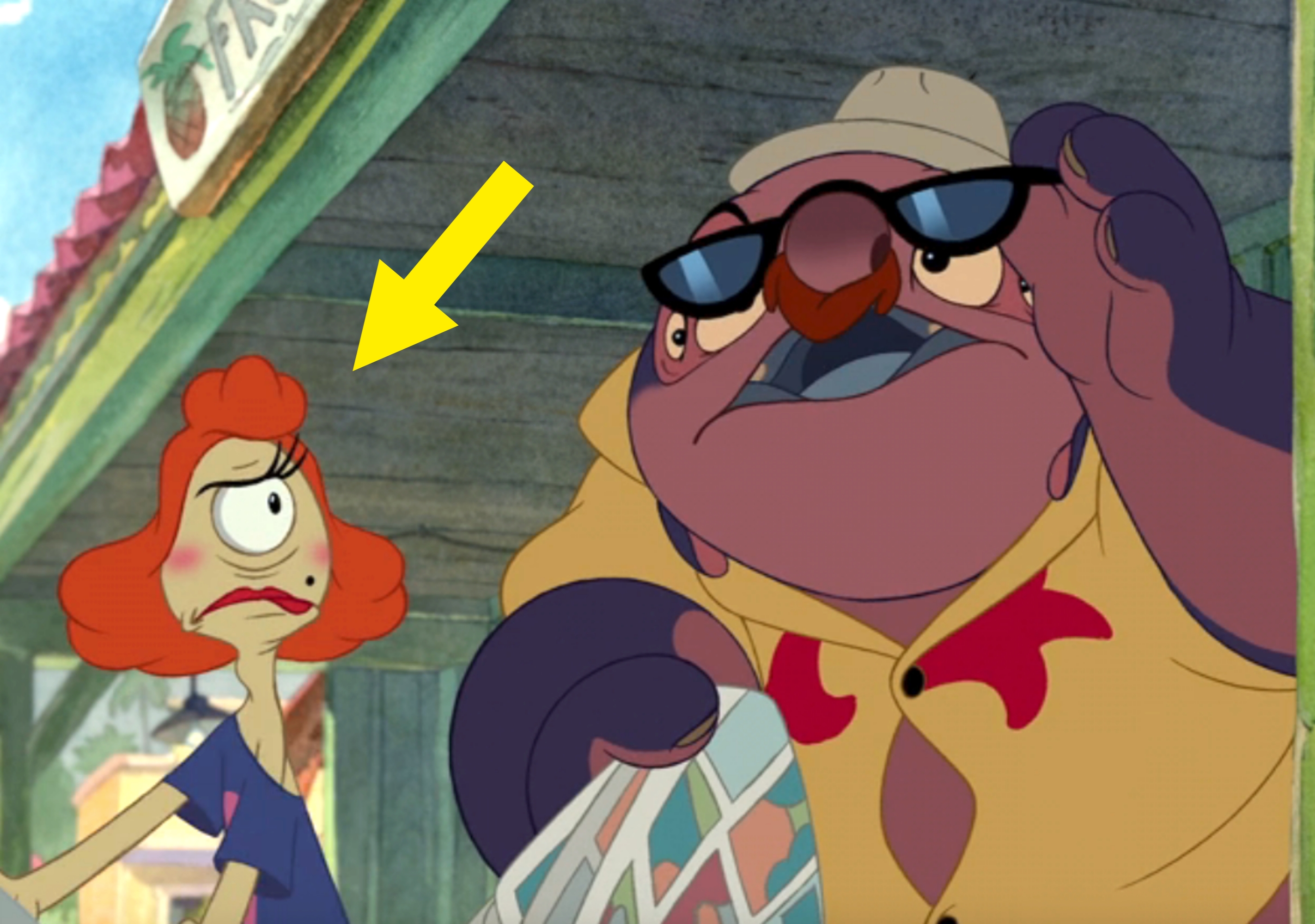 Two animated characters, one fish-like in a dress, the other wearing glasses and a hat, appear startled in a whimsical setting