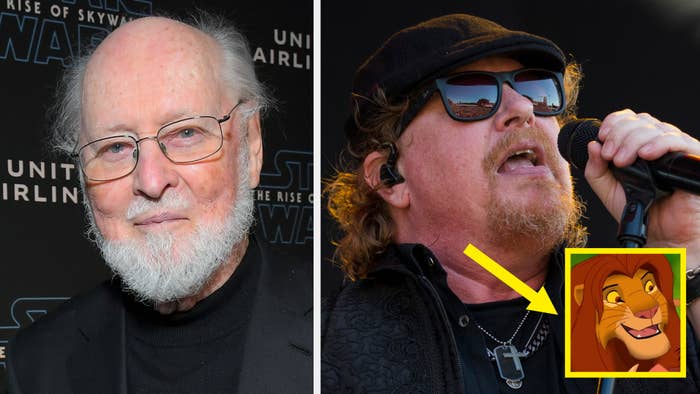 Two men side by side: one with glasses and a beard; the other singing, wearing a hat and cross necklace. An image of a lion is inset