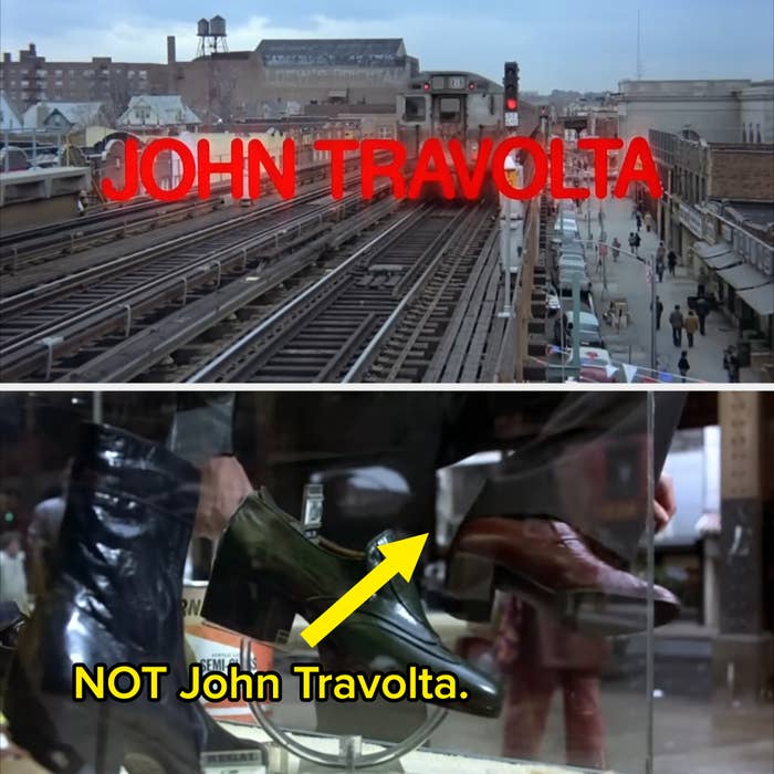 Split image: Top shows a rail track with "JOHN TRAVOLTA" text; bottom focuses on a shoe with "NOT John Travolta" label and yellow arrow