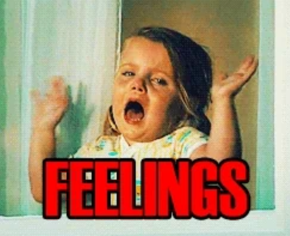Child dramatically expressing emotions, hands raised, with the word "FEELINGS" in bold red text below