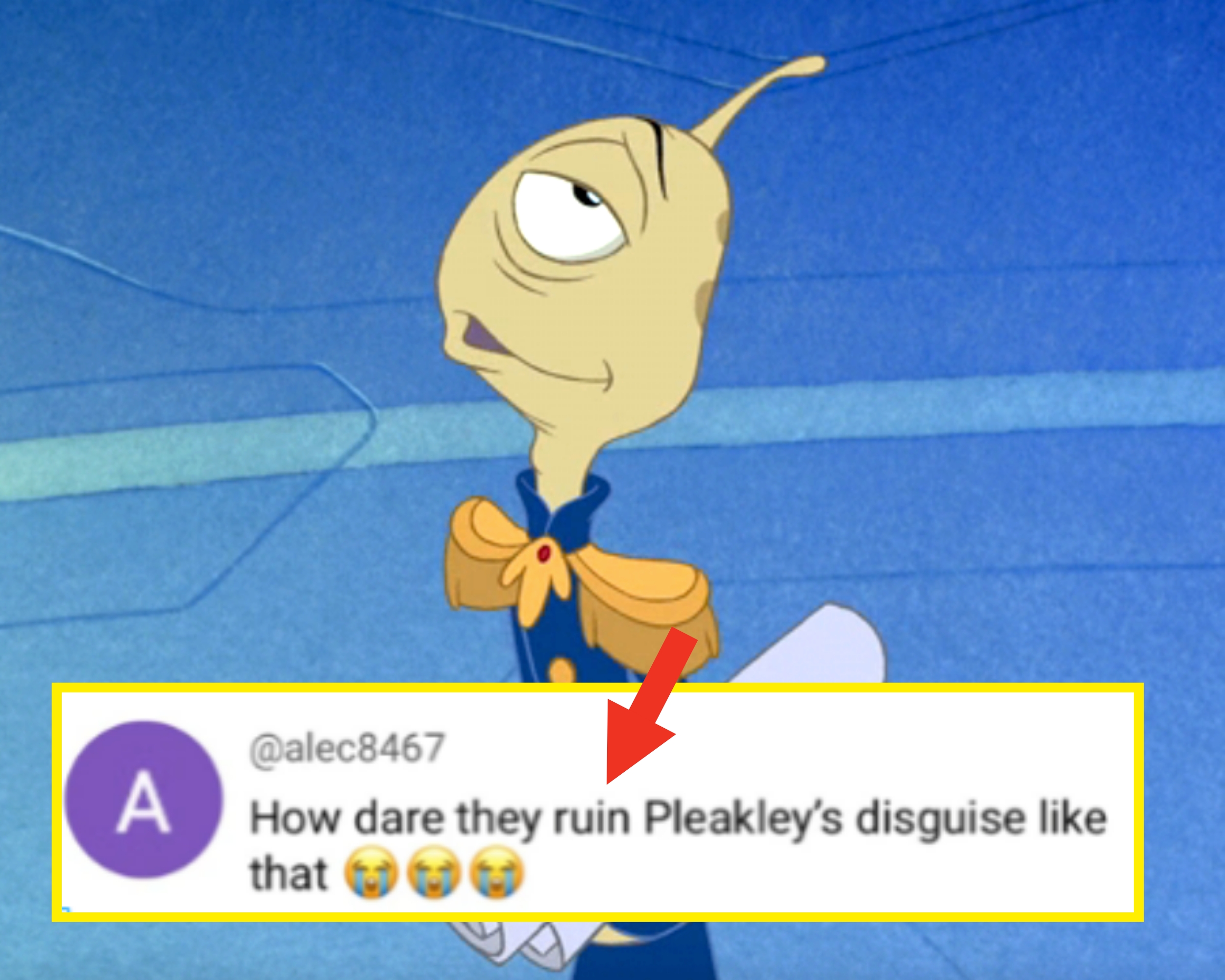 Animated alien in a blue military uniform holding scrolls, looking upward