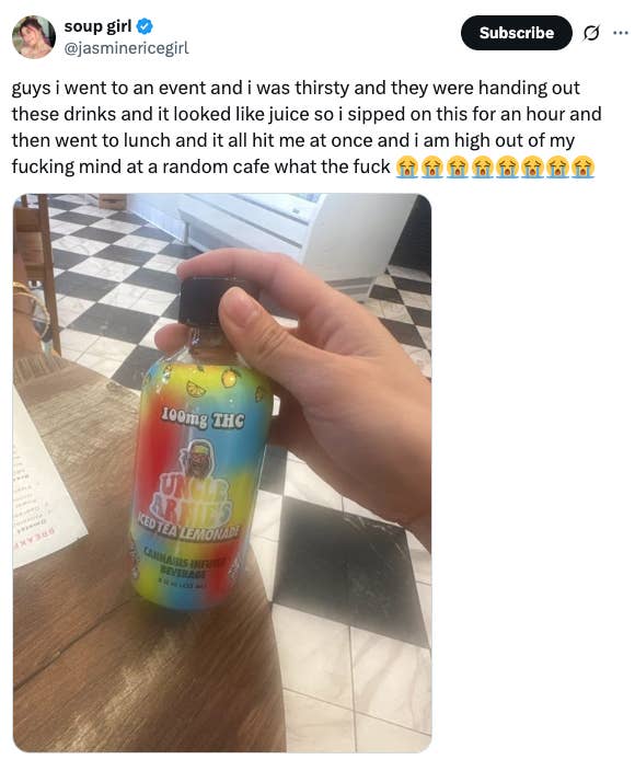 A hand holds a colorful bottle labeled "Uncle Rick's Iced Tea Lemonade," containing 100mg THC. A tweet above describes an unintentional high