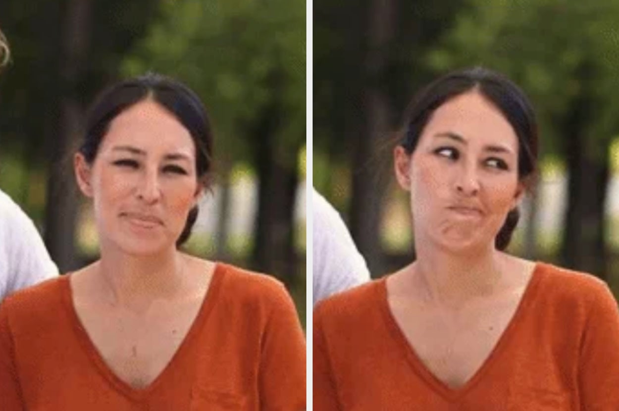 A woman makes two different facial expressions while outdoors. She wears a casual V-neck top