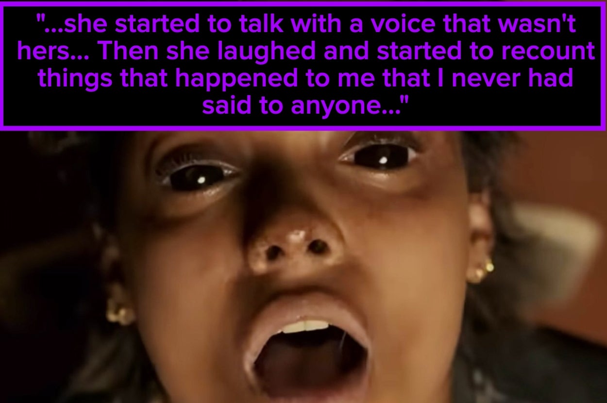 A person with an open mouth looks surprised, with text about someone recounting personal events in an unfamiliar voice