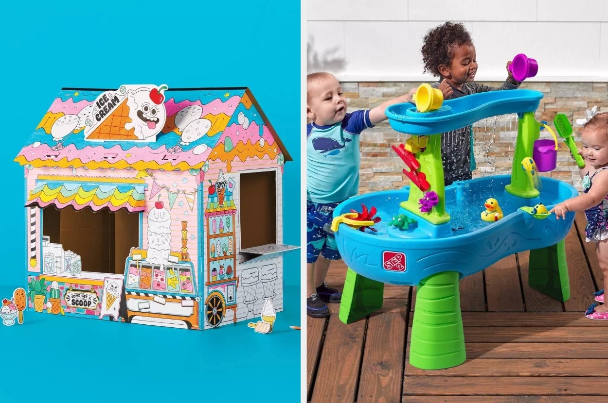Toy ice cream shop on the left; children playing with a colorful water table on the right