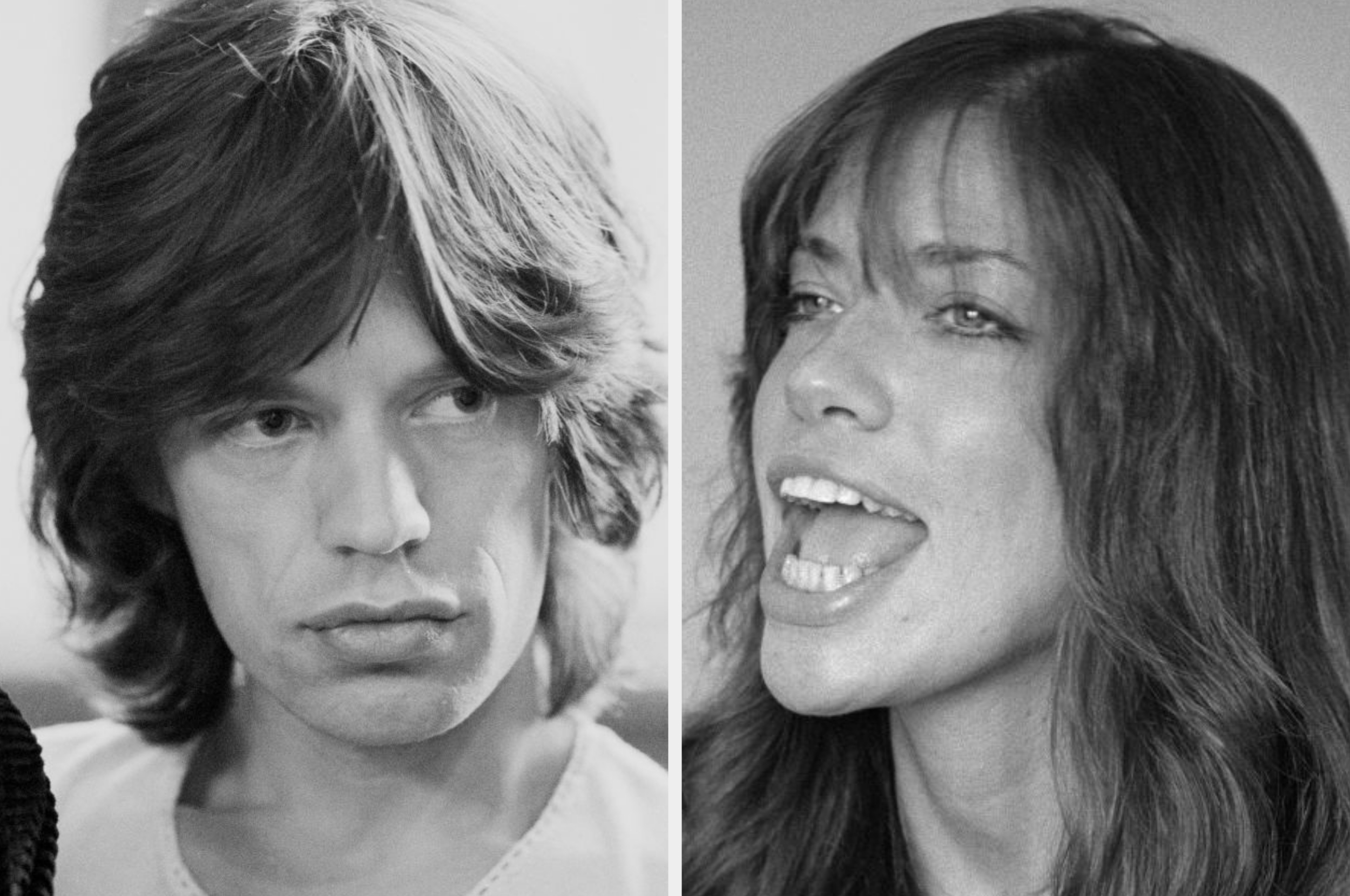 Two people in a split image, both in black-and-white. One has shaggy hair; the other is singing with an animated expression