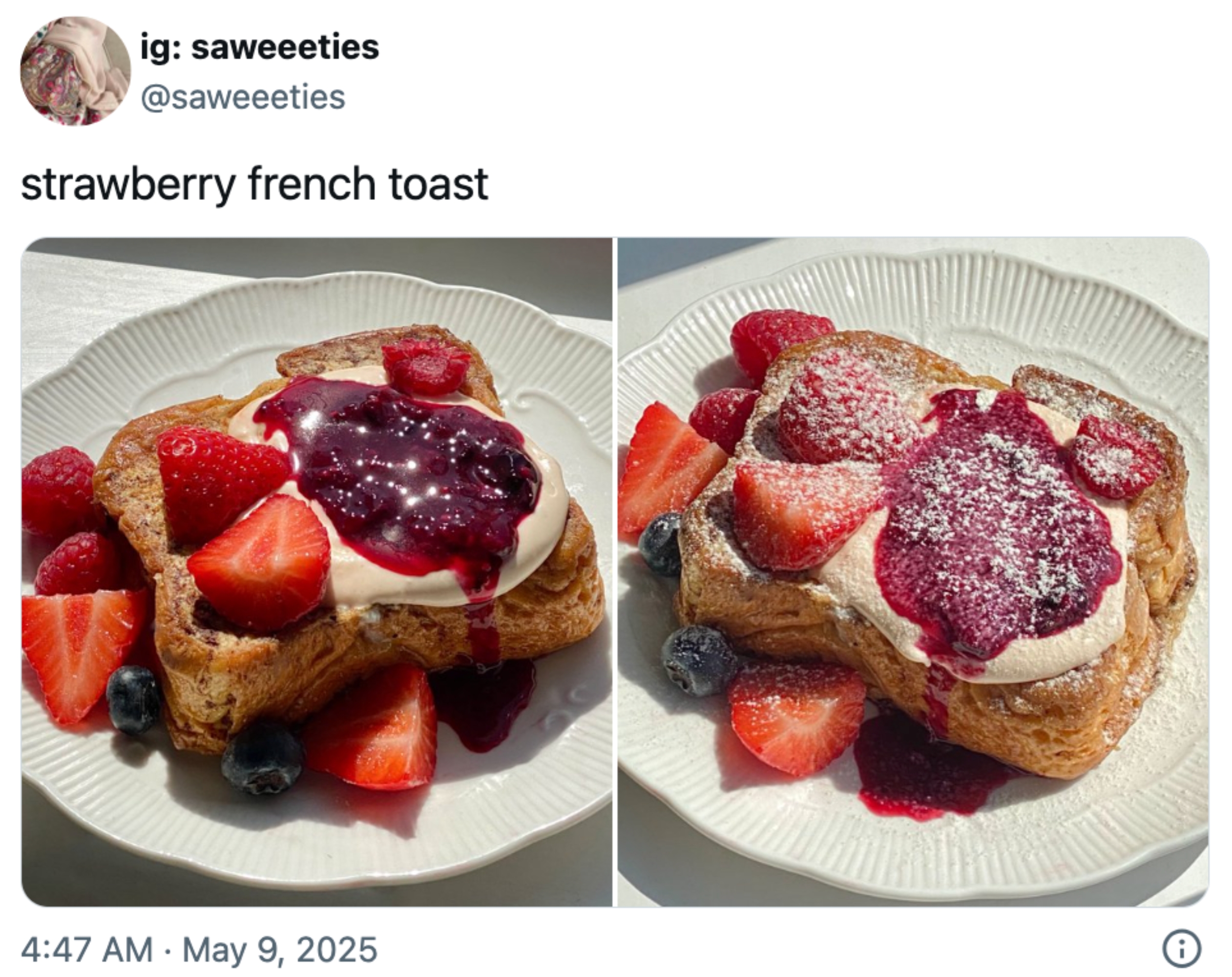 Two plates of French toast topped with whipped cream, berry sauce, and fresh strawberries and blueberries
