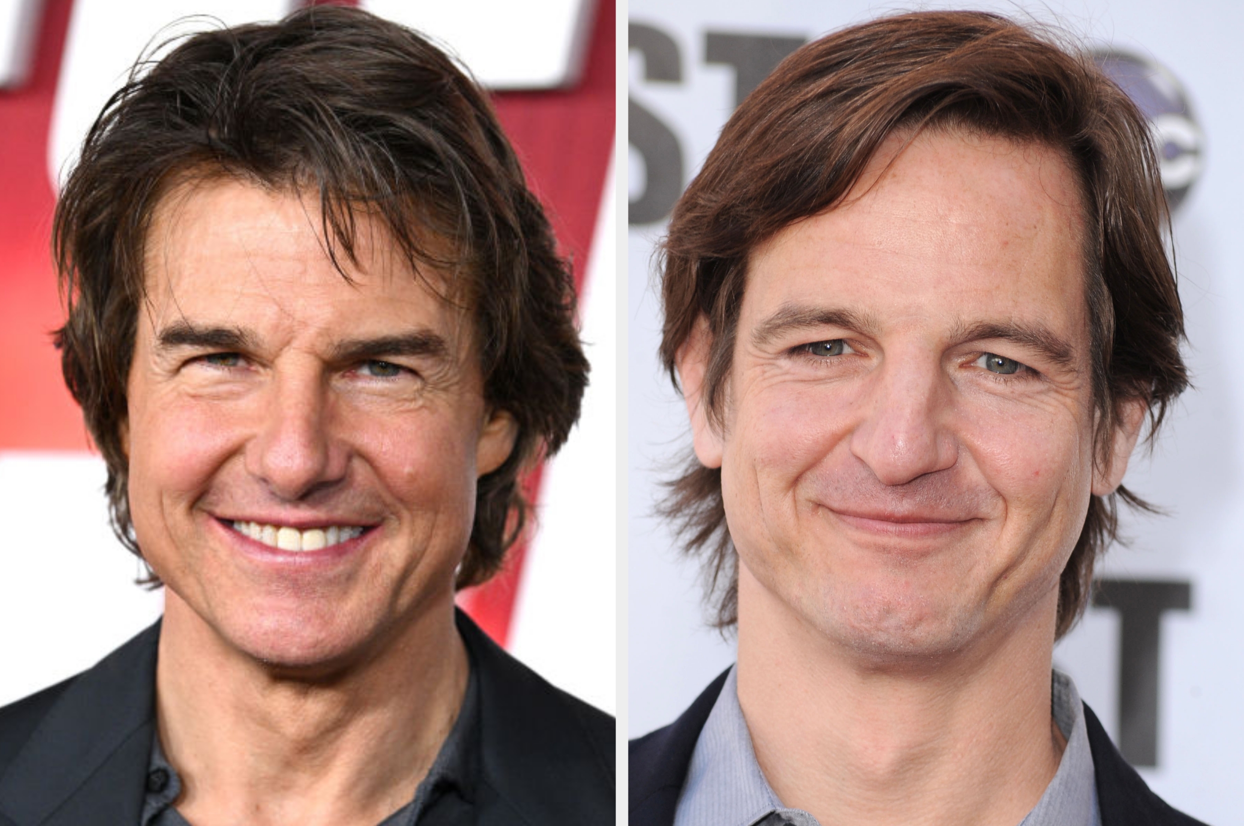 Two people are smiling at separate red carpet events, each wearing a suit jacket and shirt