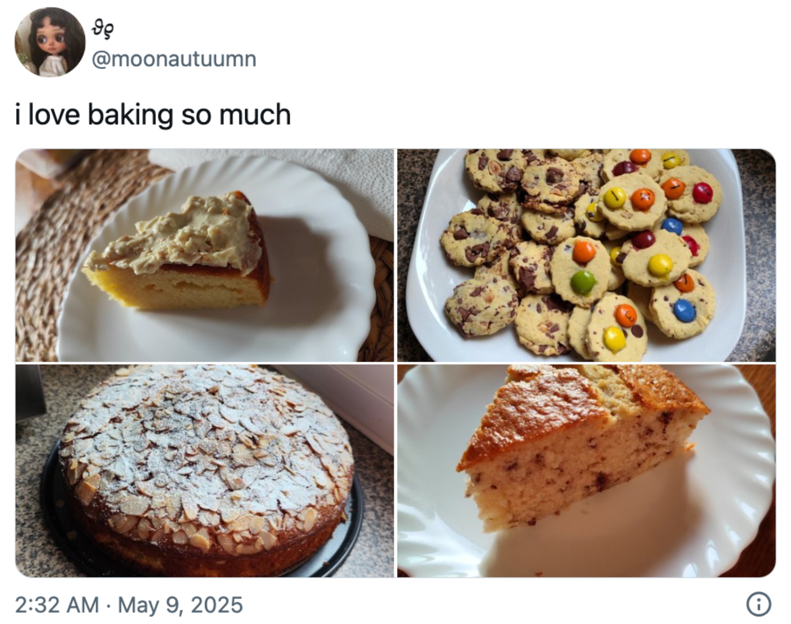 Four plates of homemade baked goods: two cakes with toppings and two types of cookies with colorful candies and chocolate chips