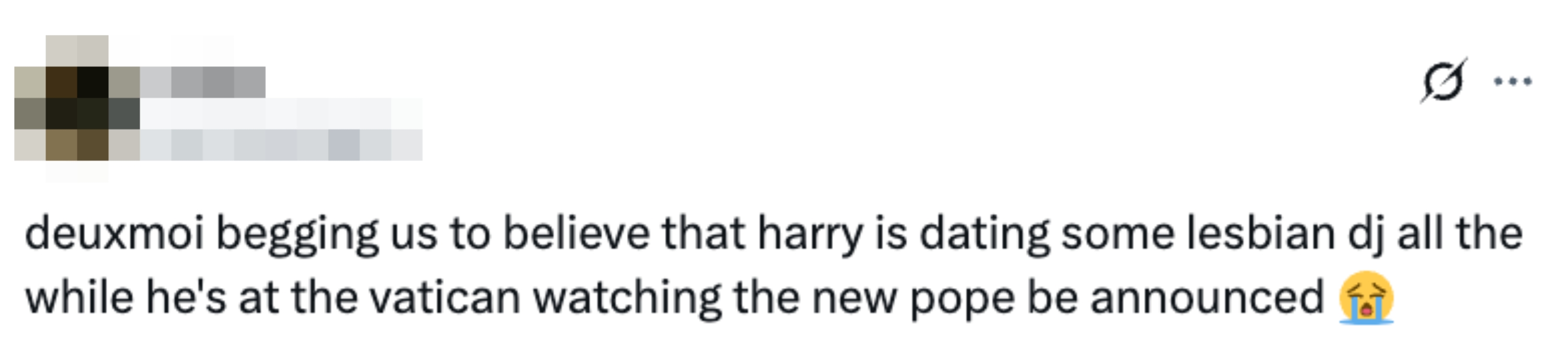 Tweet humorously doubts a rumor about Harry dating a DJ, noting he's at the Vatican watching the new pope's announcement