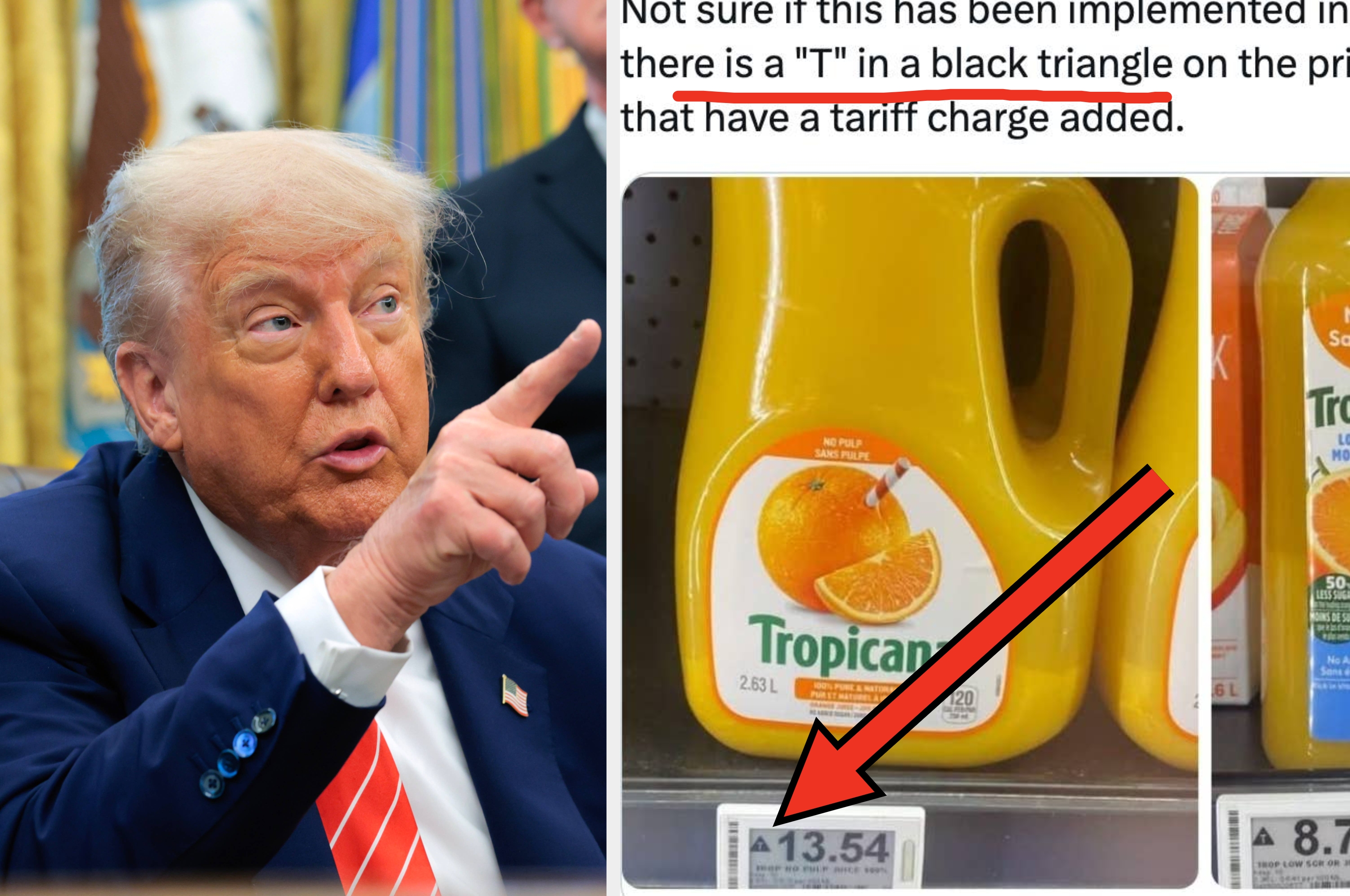 Person gesturing beside a social media post mentioning tariffs on "Temu MAGA hats" with pricing and shipping details displayed