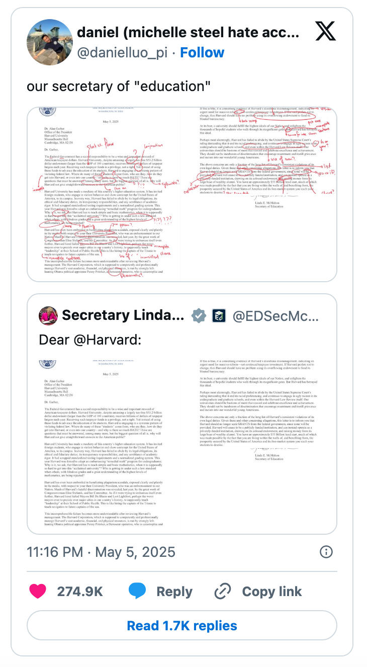 Screenshot of a tweet showing two images of heavily marked-up documents allegedly related to the Secretary of Education