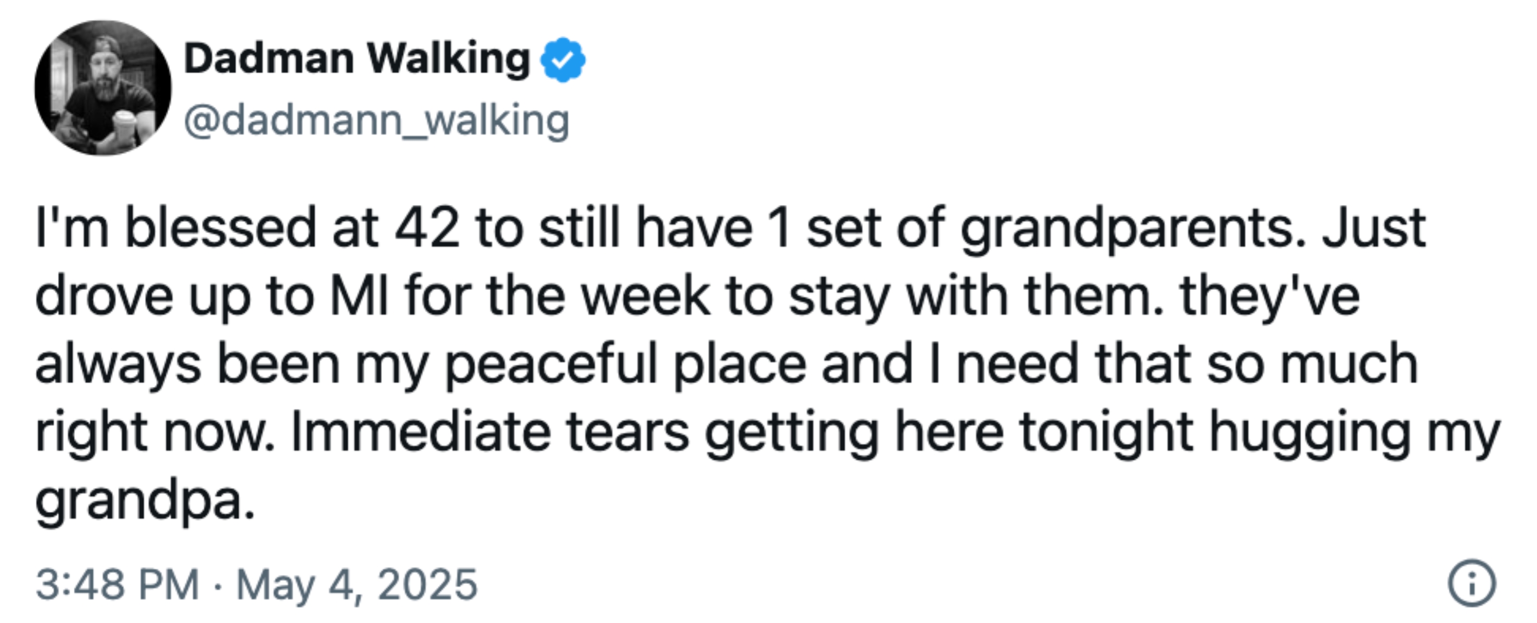 Tweet about cherishing time with grandparents, expressing gratitude and emotional moments upon arrival in Michigan, highlighting their importance