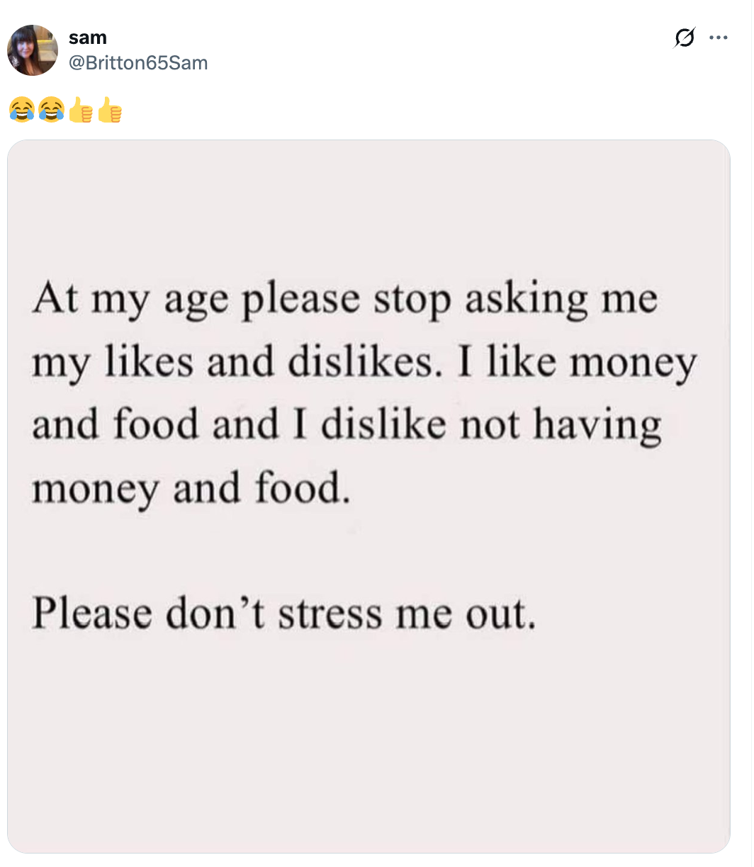 The image features a humorous quote about liking money and food while disliking not having them, ending with a plea to not cause stress