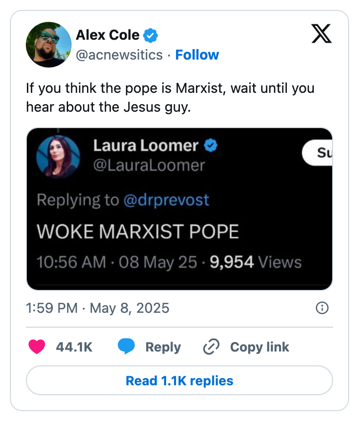 Social media post with a tweet jokingly referring to the pope as a "woke Marxist" and mentioning Jesus with humor
