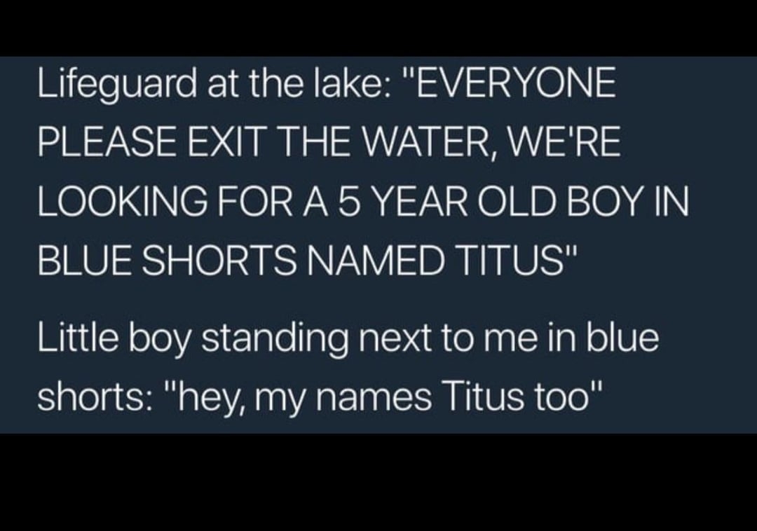 A lifeguard at a lake asks everyone to exit the water to find a lost boy named Titus in blue shorts; a boy in blue shorts standing near the author says "hey, my name's Titus too"