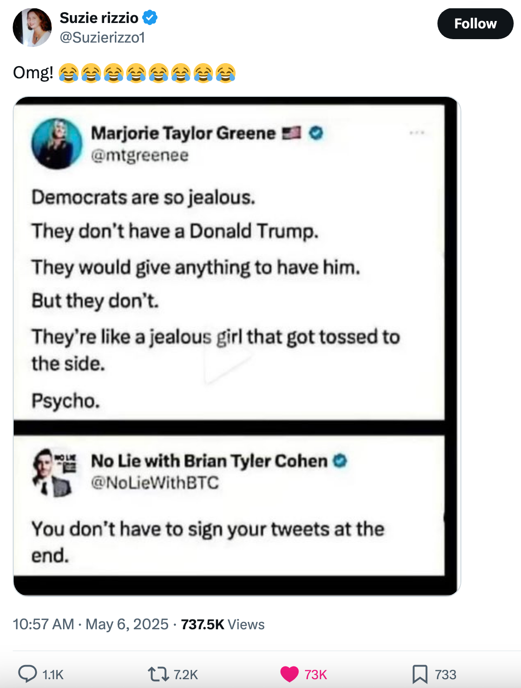 Tweet mocking a politician's post about Democrats and jealousy, with a commentator humorously pointing out tweet-signing as unnecessary