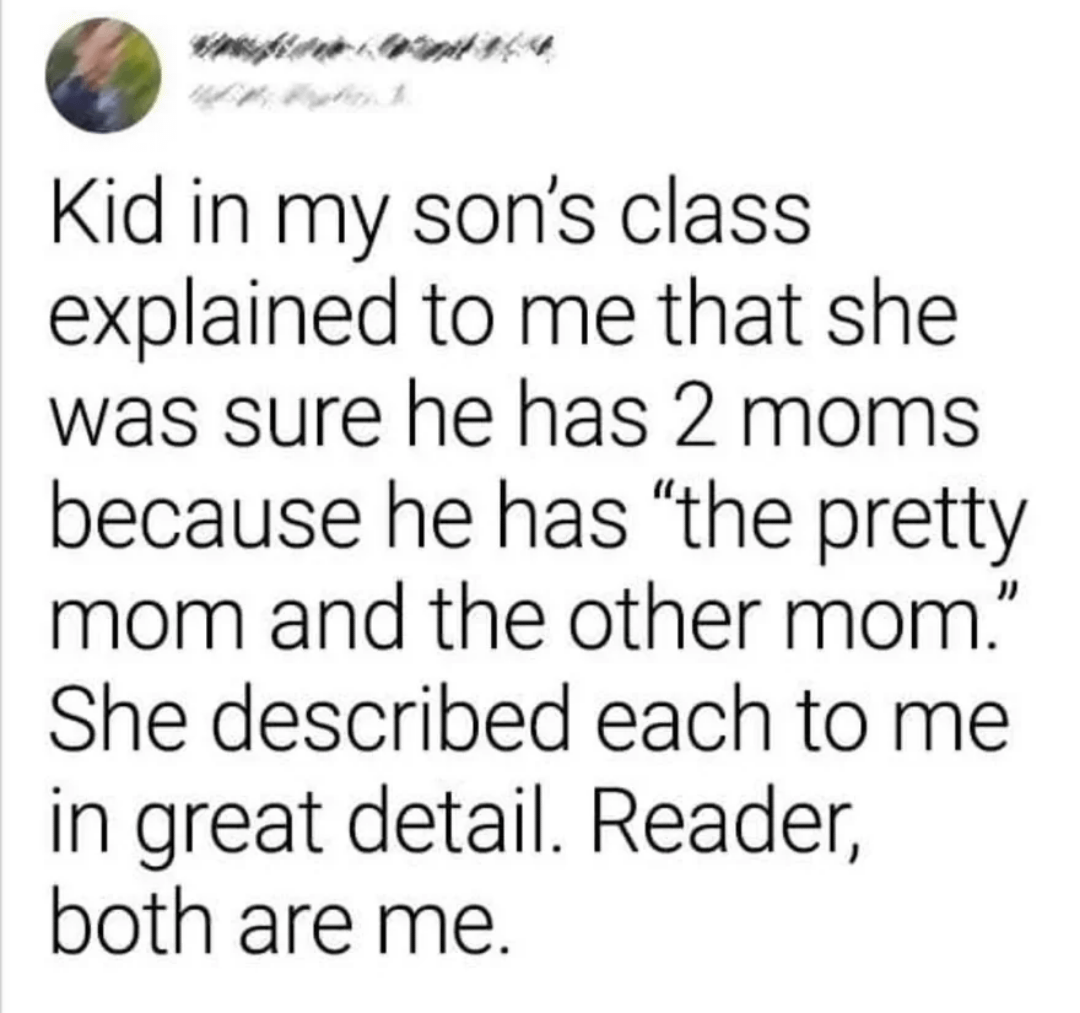 Child explains classmate has two moms, "the pretty mom and the other mom." Narrator says, "reader, both are me"