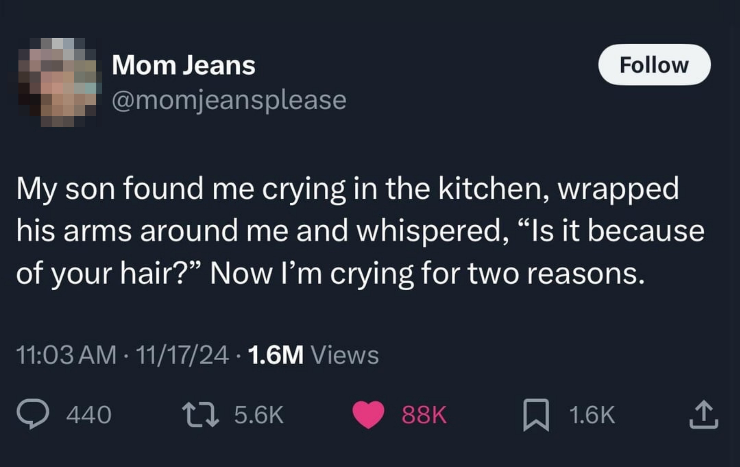 A humorous tweet about a child comforting their parent by asking if they're crying because of their hair