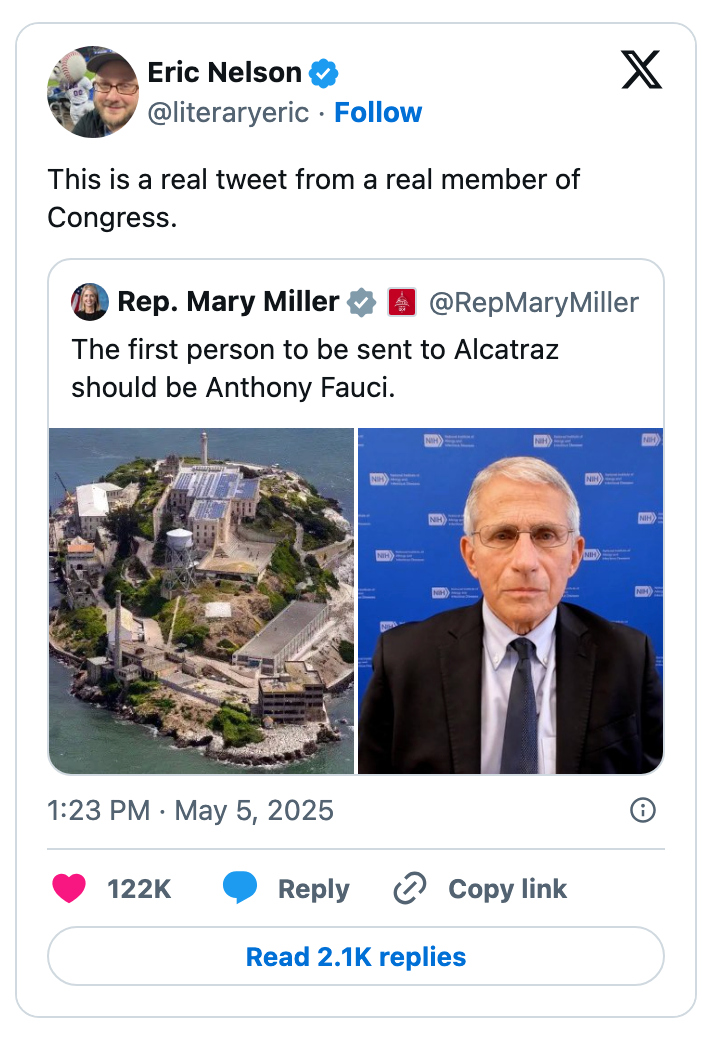 A tweet suggesting Anthony Fauci should be sent to Alcatraz, with an image of Fauci and Alcatraz