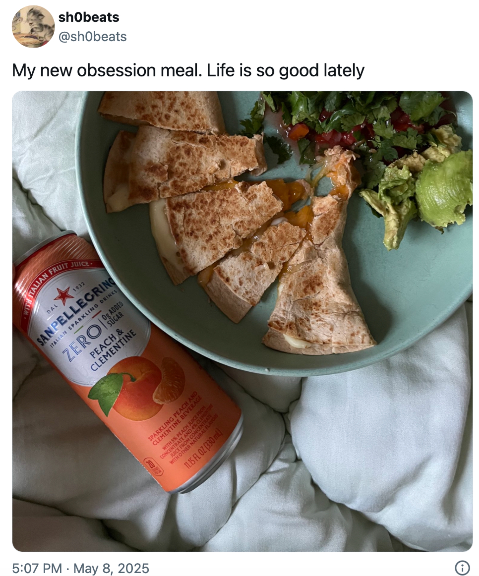 Plate with quesadillas and salad next to a can of Sanpellegrino clementine soda, captioned as a favorite meal