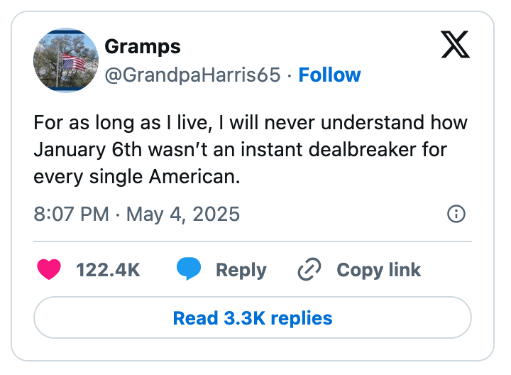 Tweet expressing disbelief that January 6th events weren't a universal issue for all Americans