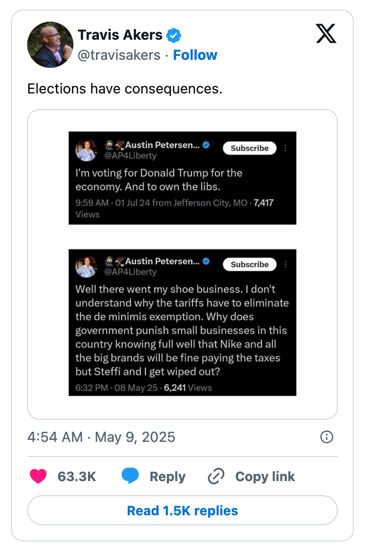 Tweet about voting for Trump in 2024 to support the economy and punish small businesses with tariffs