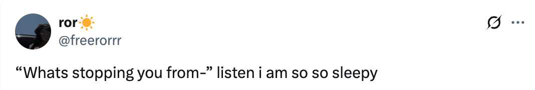 A tweet reads: &quot;'What's stopping you from-' listen i am so so sleepy.&quot;