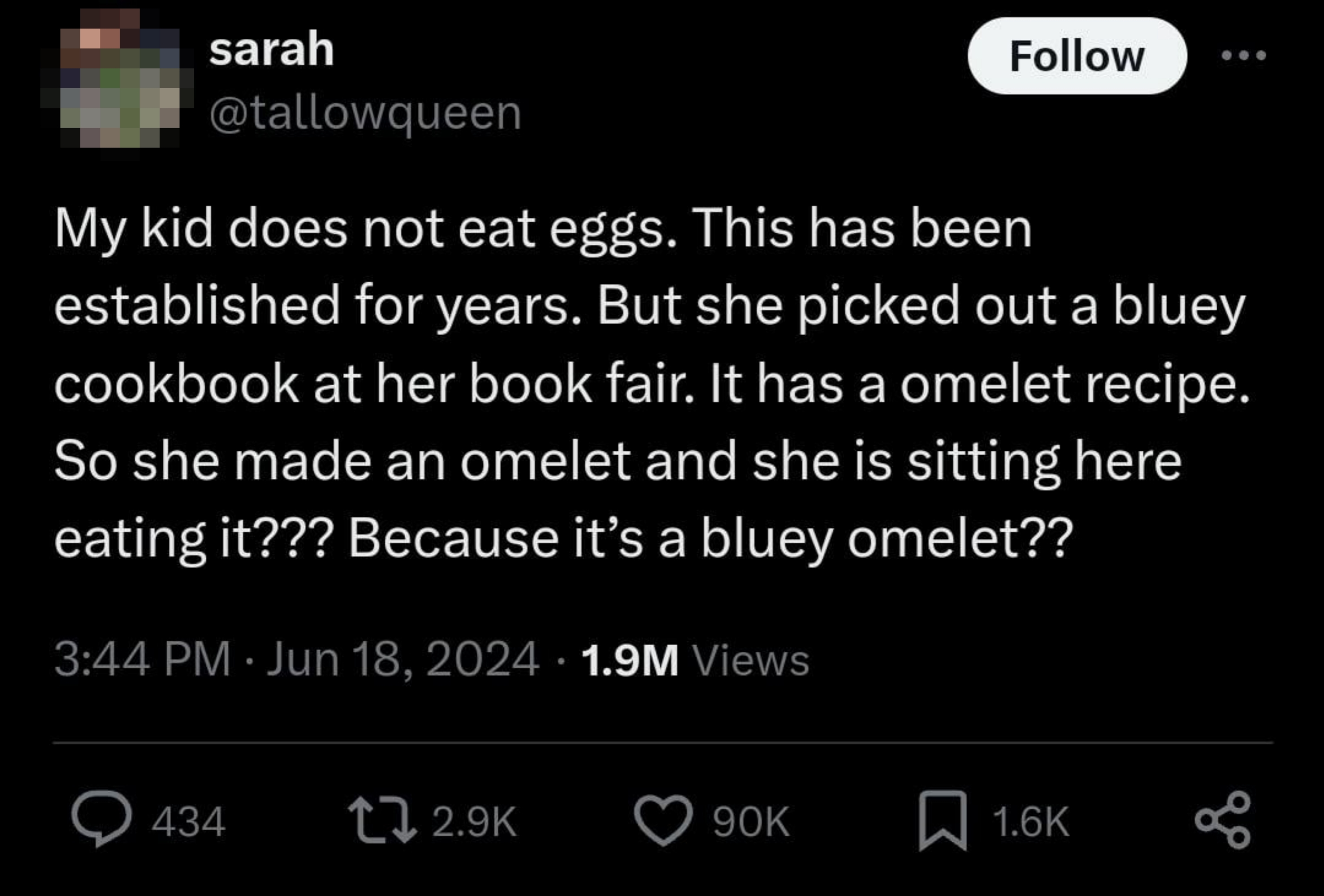 Tweet: A parent shares their child's unexpected decision to eat an omelet from a "bluey" cookbook, despite usually disliking eggs