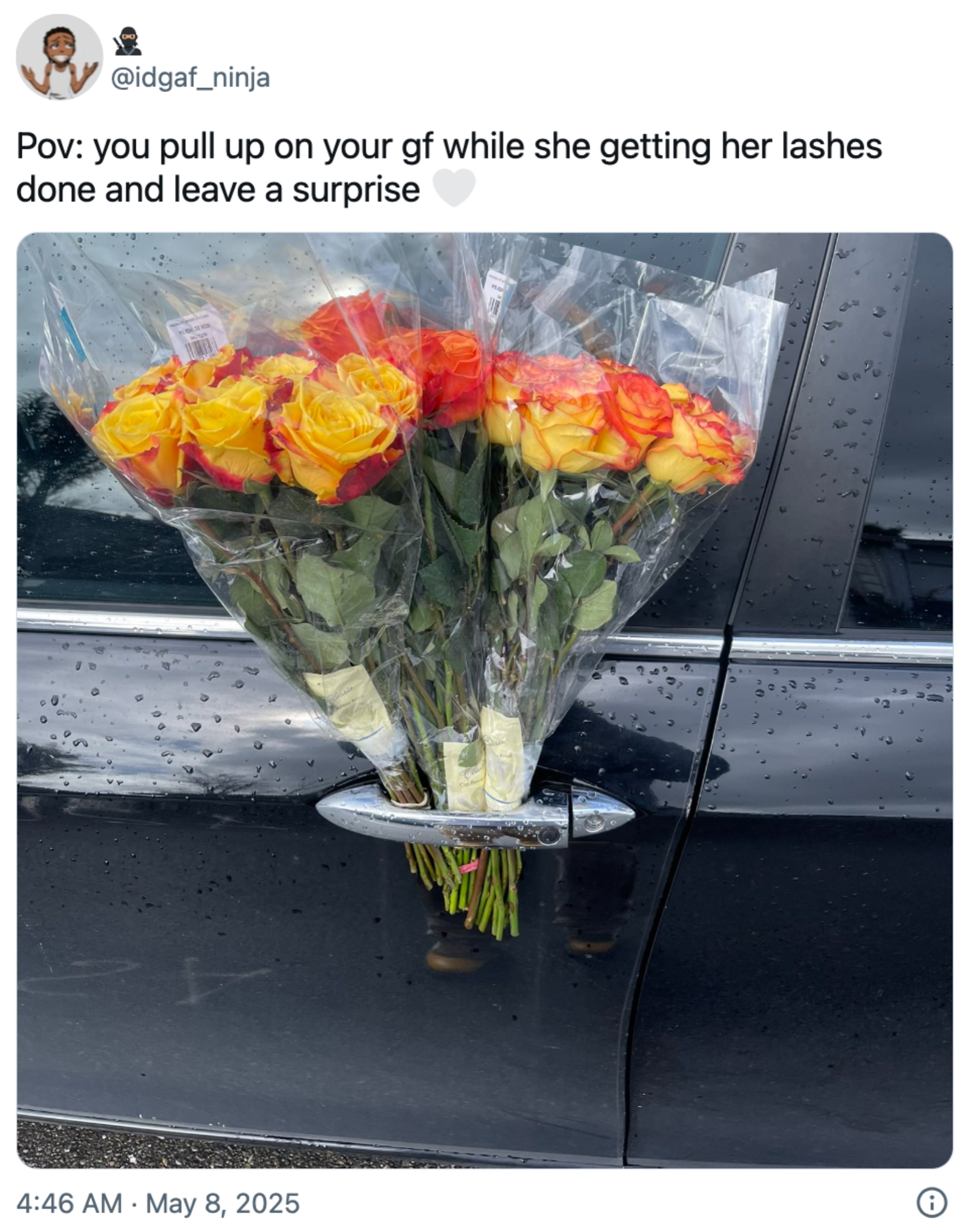 Three bouquets of roses in a car door handle with caption about leaving a surprise for a partner getting her lashes done