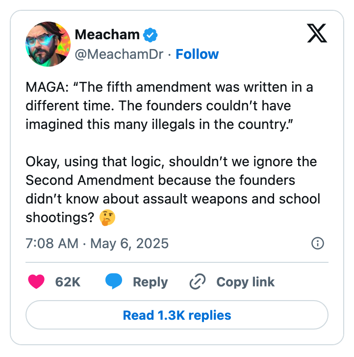Tweet questioning the logic of applying old amendments to current issues like illegal immigration and gun control, referencing the Second Amendment
