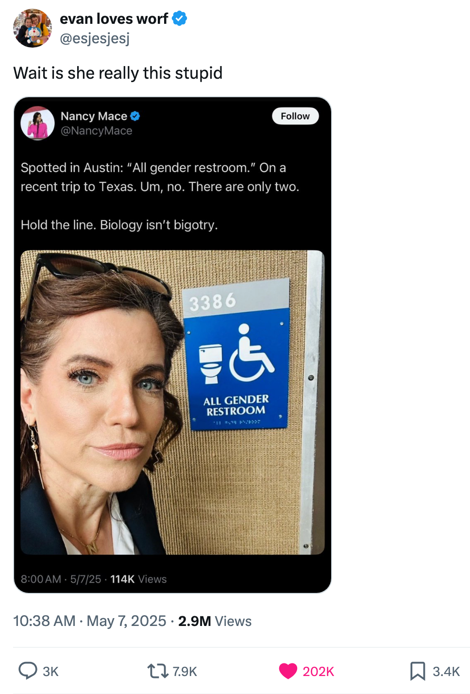 Image of a social media post showing a woman in a selfie with a sign for an all-gender restroom. The post questions the logic of the sign