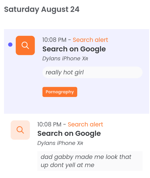 Screenshot of a search alert for "really hot girl" followed by another search alert that says "dad gabby made me look that up don't yell at me"