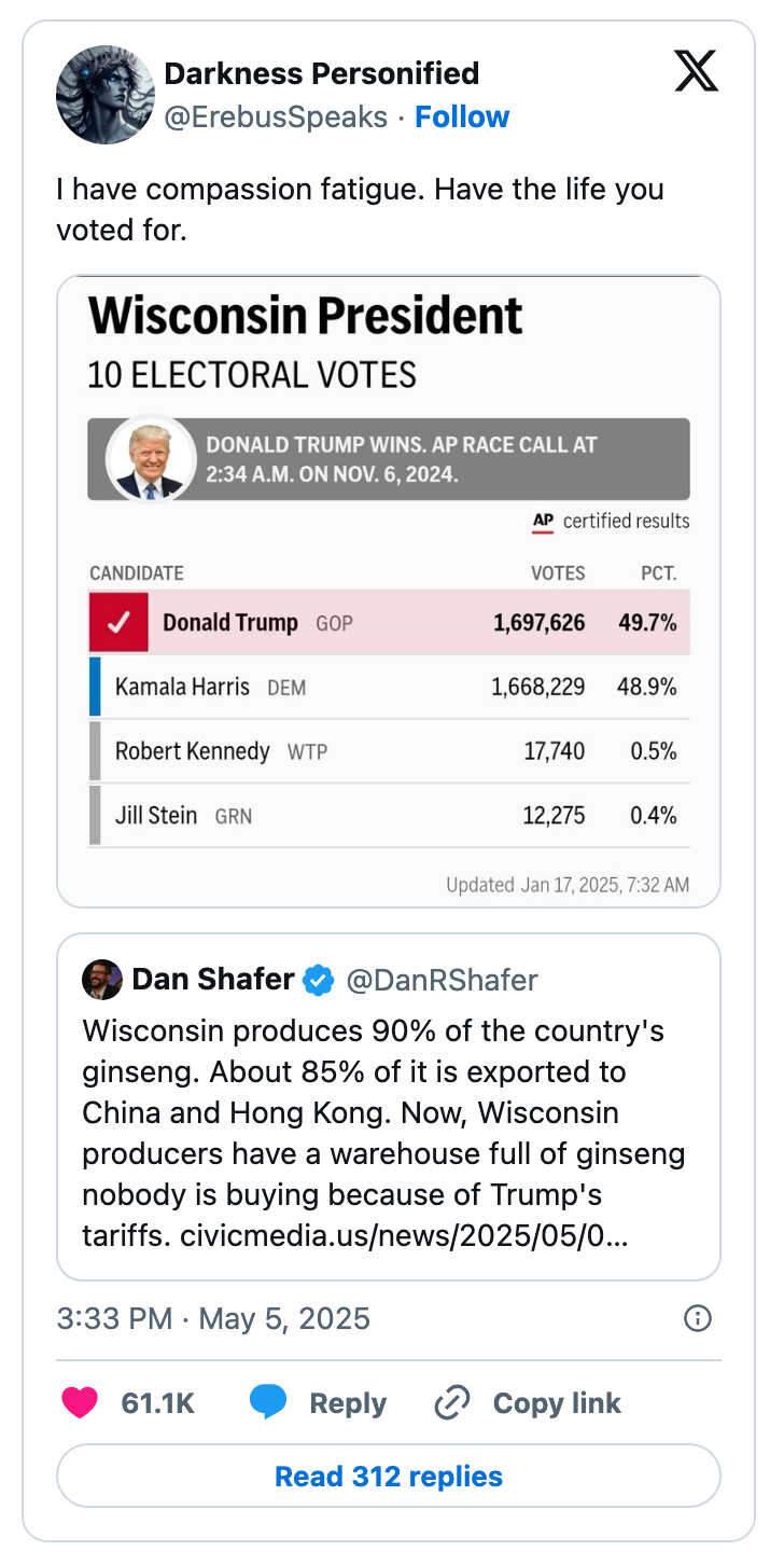 Tweet questioning economic impacts of Wisconsin's vote, highlighting China trade reliance and a warehouse crisis