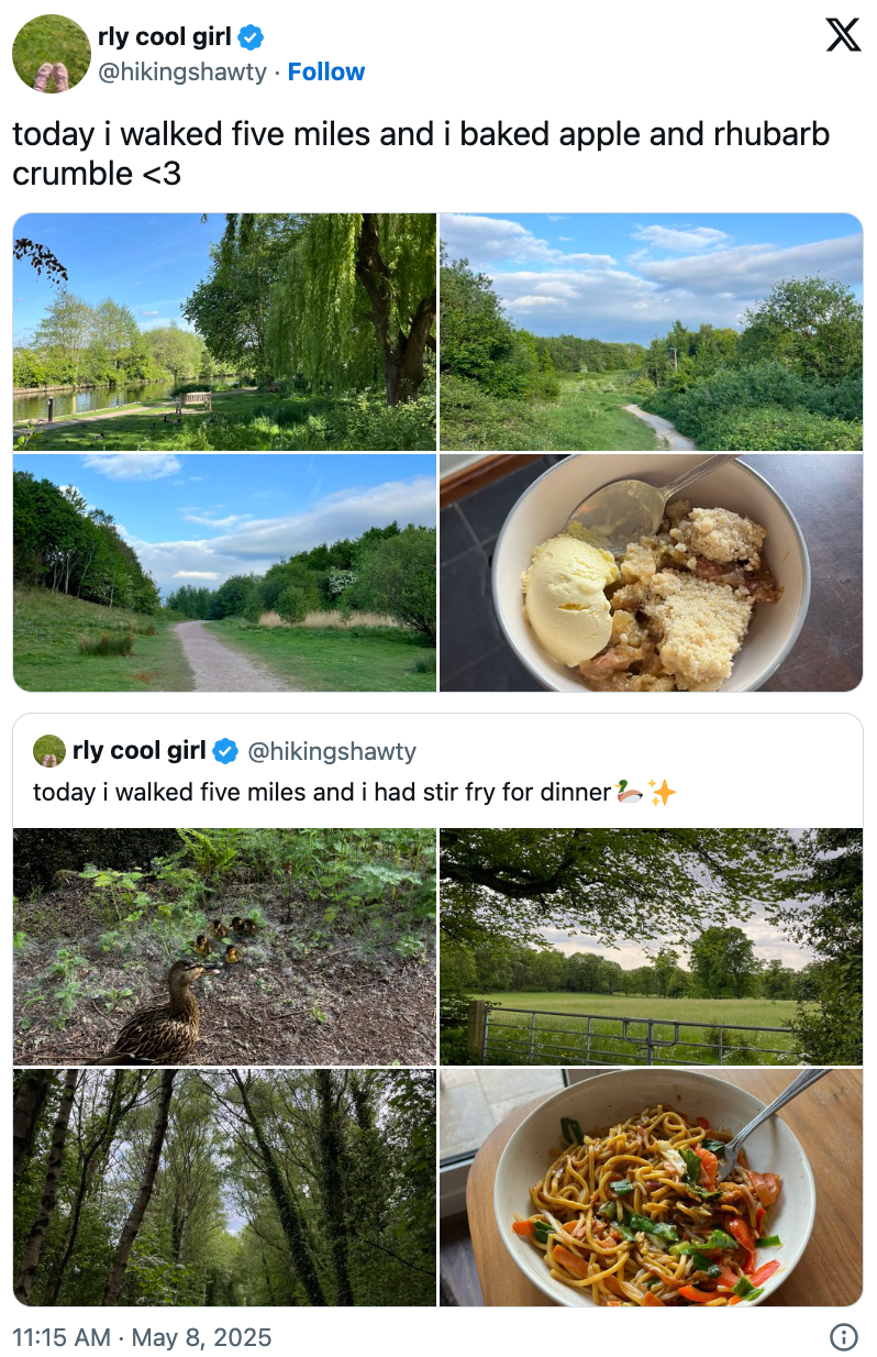 Person shares photos of a nature walk, apple crumble, and stir fry. Descriptive caption about walking five miles and cooking