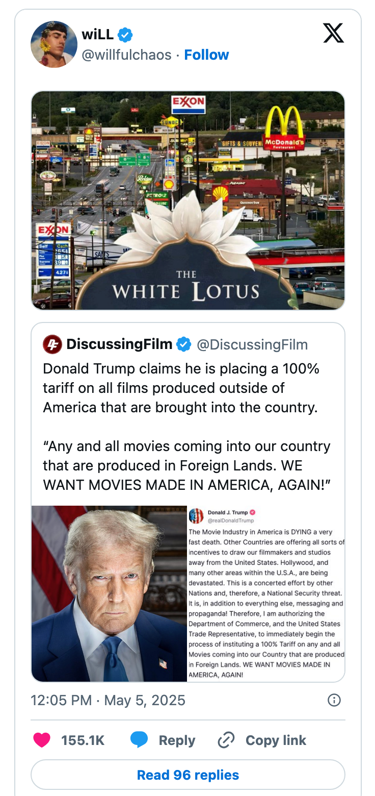 Screenshot of Twitter post with Donald Trump proposing a 100% tariff on foreign films, citing a decline in the American movie industry