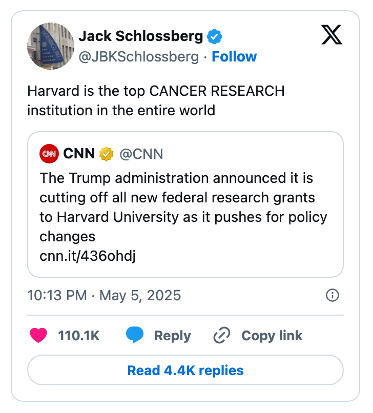 Tweet by Jack Schlossberg sharing a CNN report about the Trump administration cutting federal research grants to Harvard