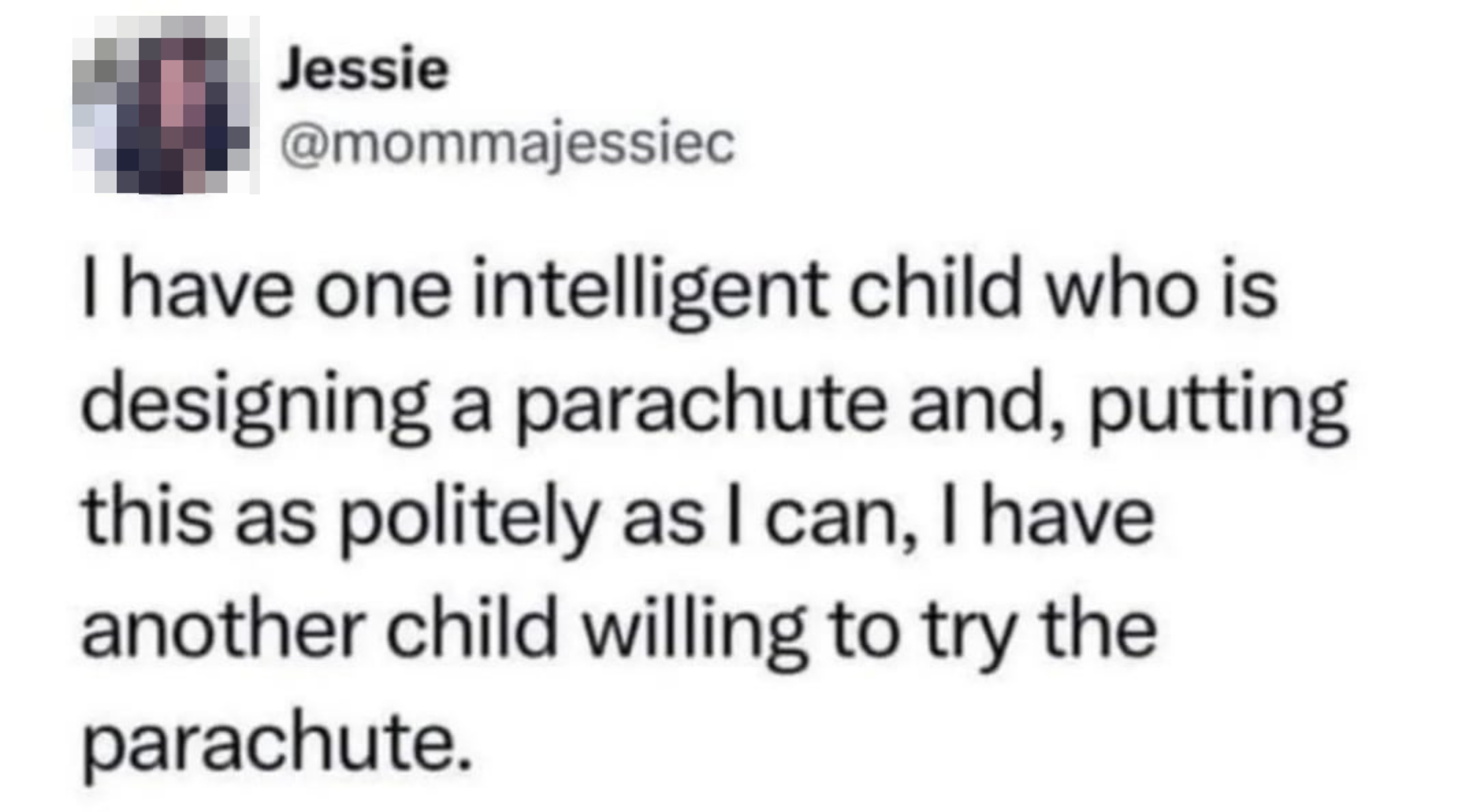 Text summary: A parent humorously contrasts the intelligence of their two children, one designing a parachute and the other willing to test it
