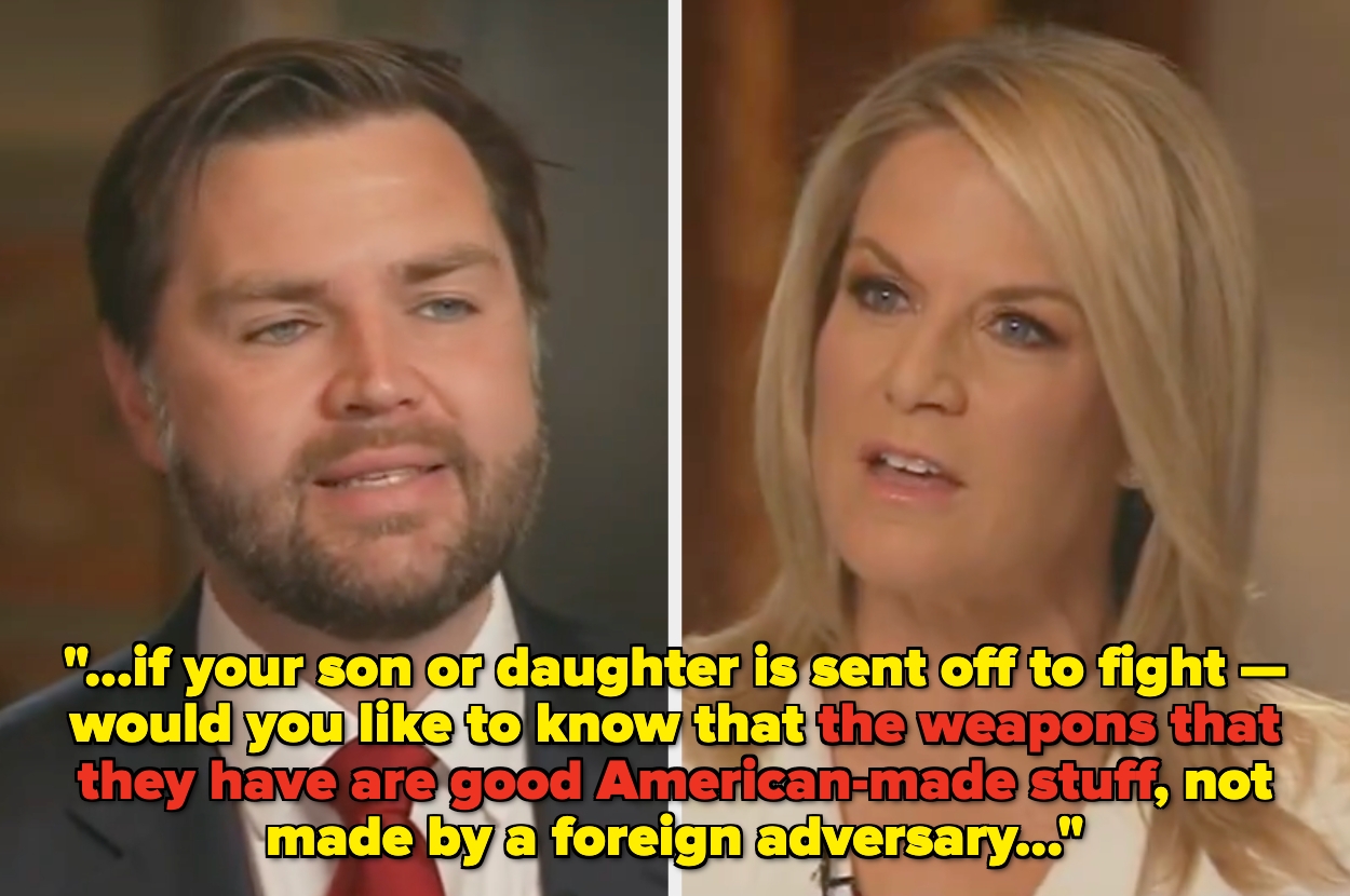 JD Vance and Martha MacCallum in a news interview with a quote about the importance of using American-made weapons for military safety
