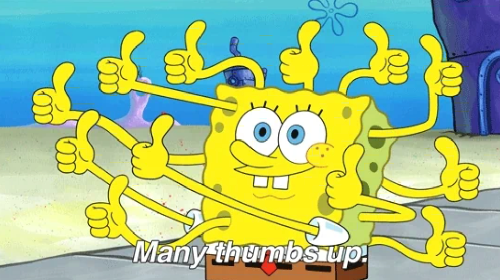 SpongeBob SquarePants giving many thumbs up with his multiple arms and a wide smile, captioned "Many thumbs up!"