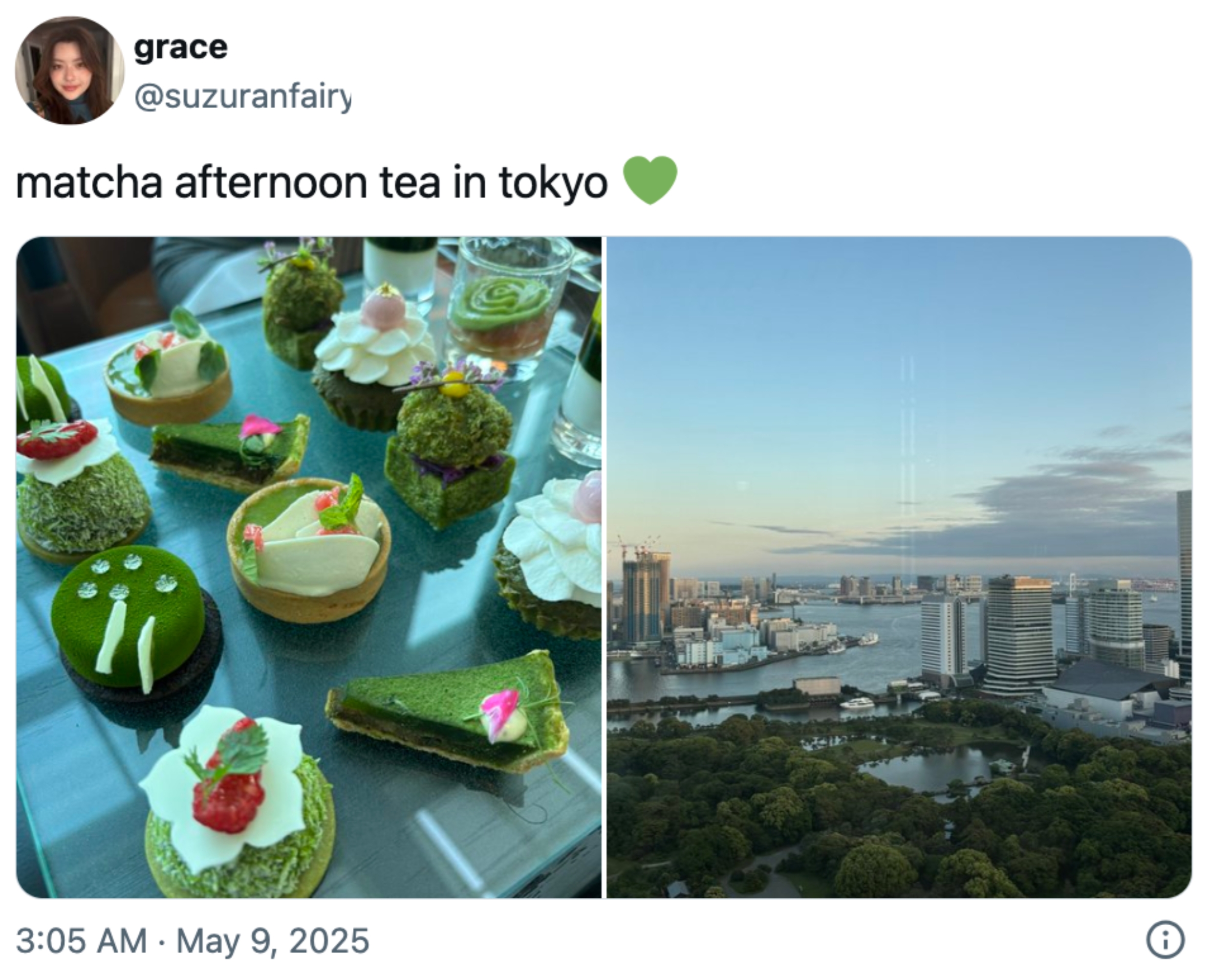 Two-image post: Left shows assorted matcha desserts; right displays a cityscape view in Tokyo