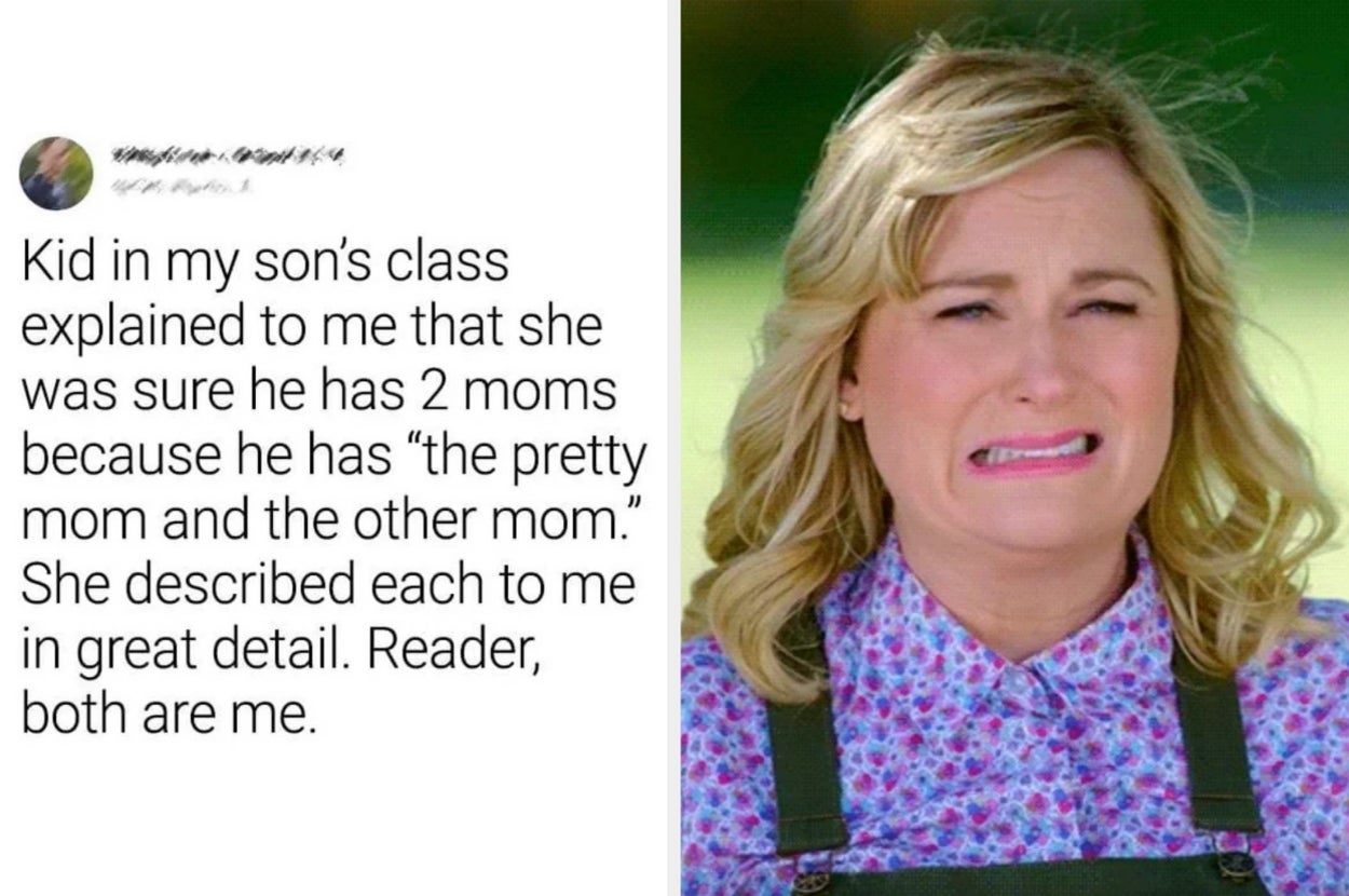 Split image: Left shows a tweet about a child saying they have "a pretty mom and the other mom" with the narrator saying "both are me"; right shows a woman with a nervous smile