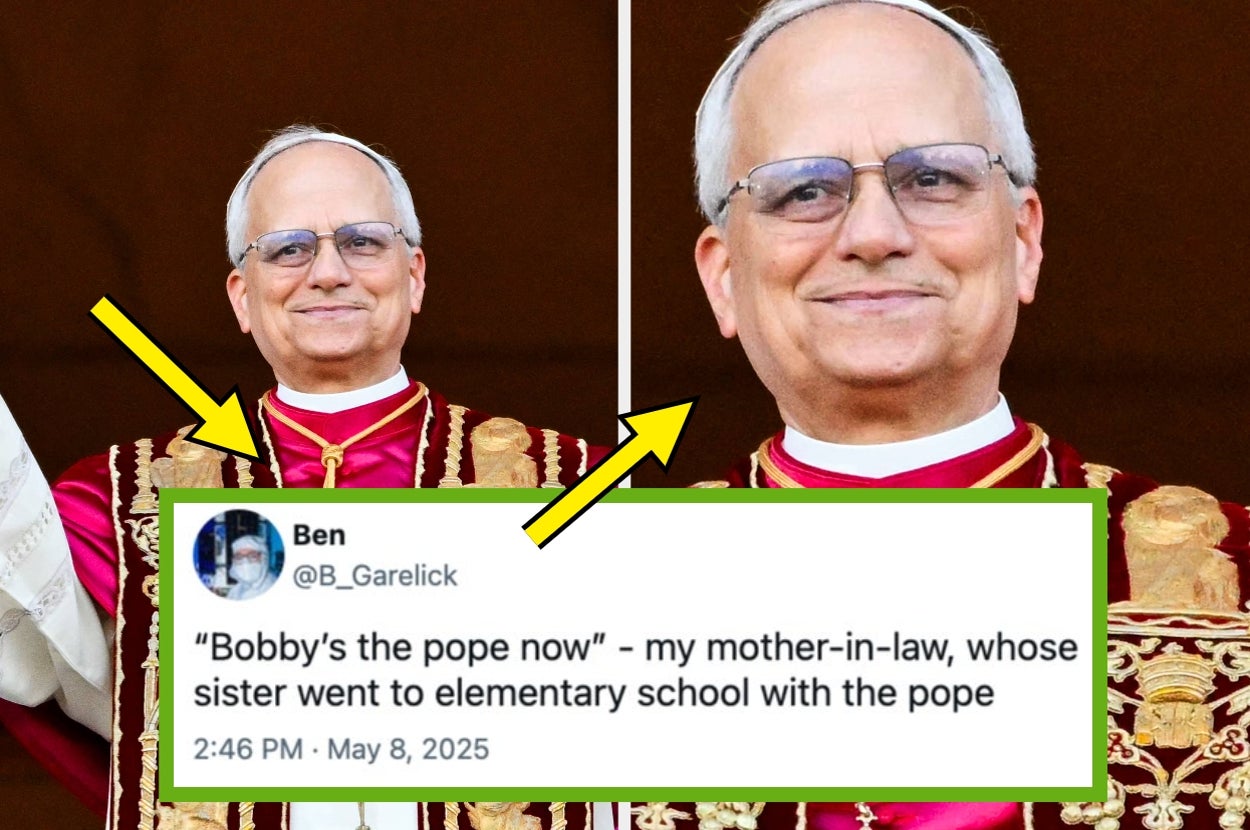 Man dressed in ornate, formal religious attire, caption jokes about personal connection: "Bobby's the pope now" via family school link