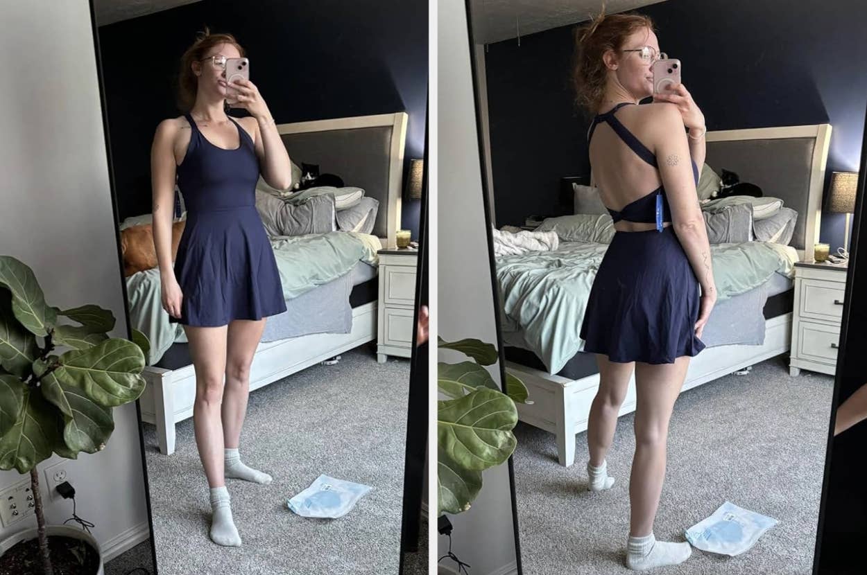 A person takes mirror selfies wearing a sporty dress featuring a fitted top and flared skirt, standing in a bedroom