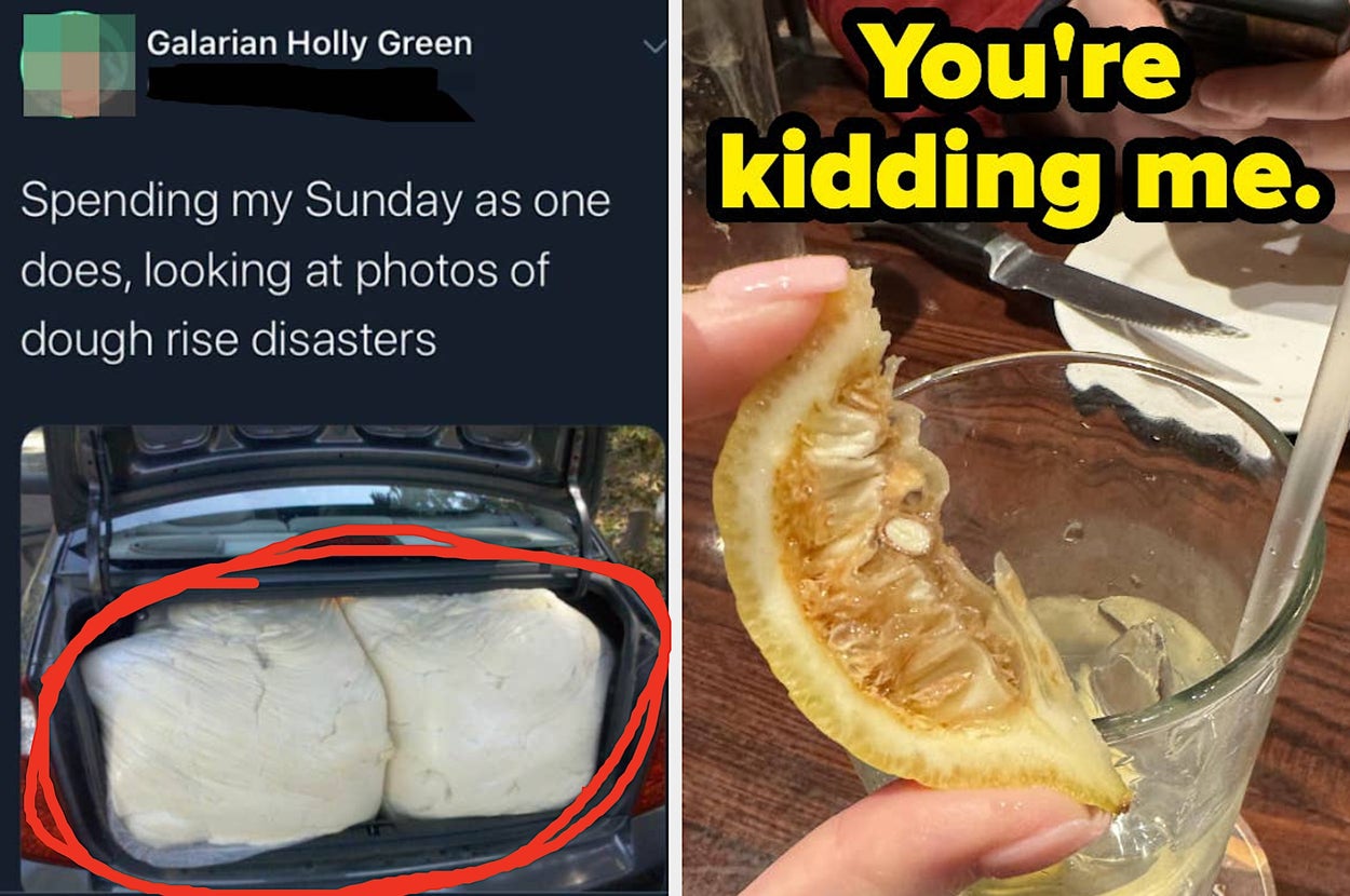 Tweet joke: "Spending my Sunday as one does, looking at photos of dough rise disasters." Image of excessive dough in a car trunk. Right: Lemon in water