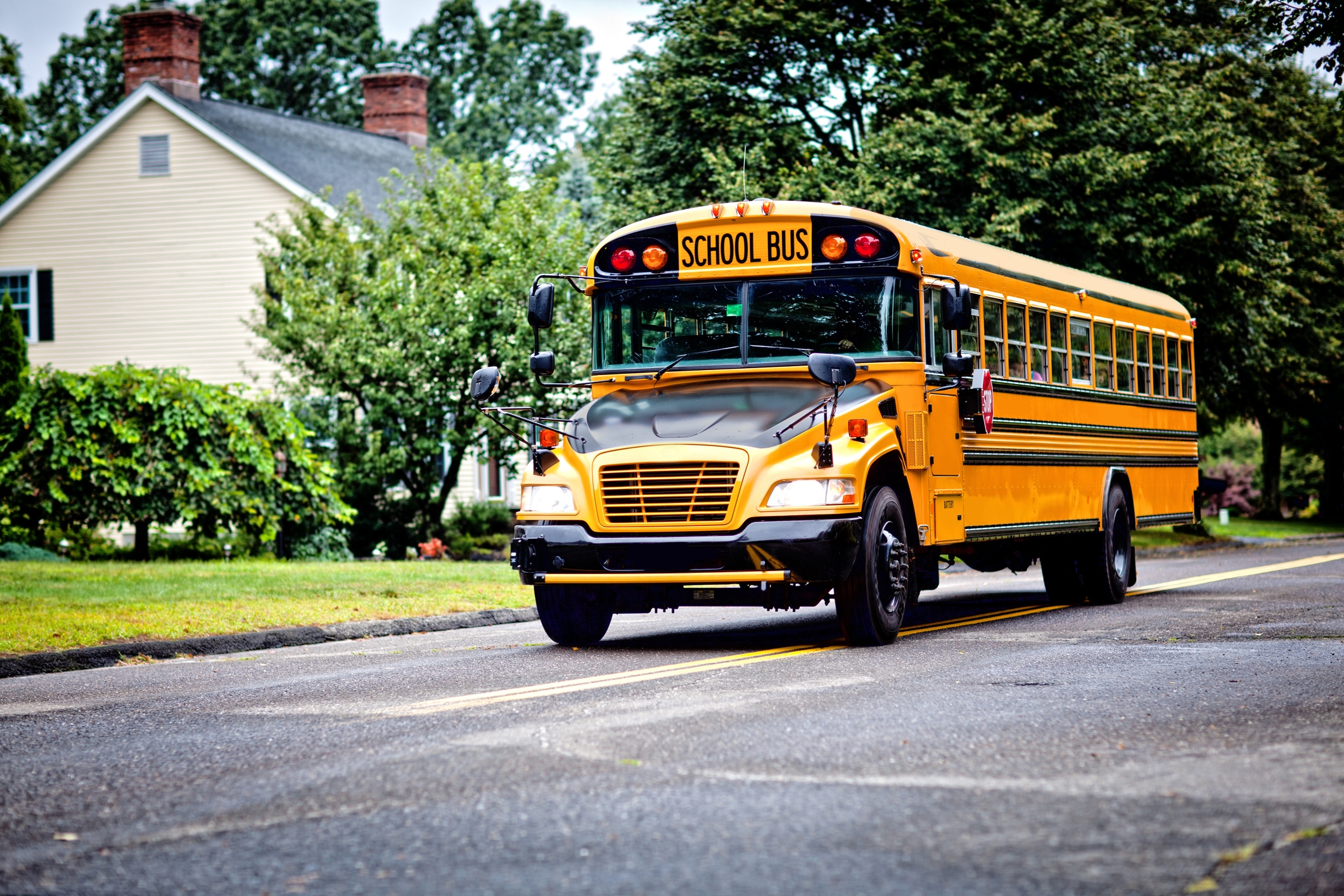 A yellow school bus driving on a suburban street with a house and trees in the background
