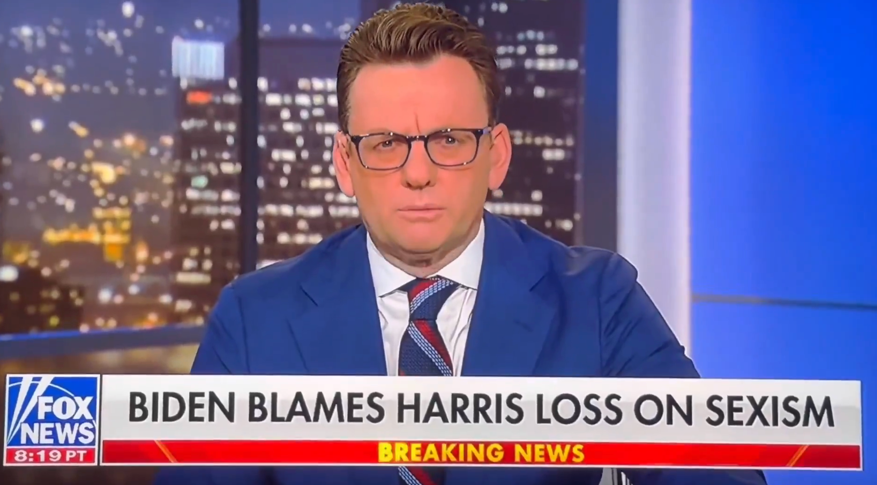 News anchor on TV reporting: "Biden blames Harris loss on sexism."