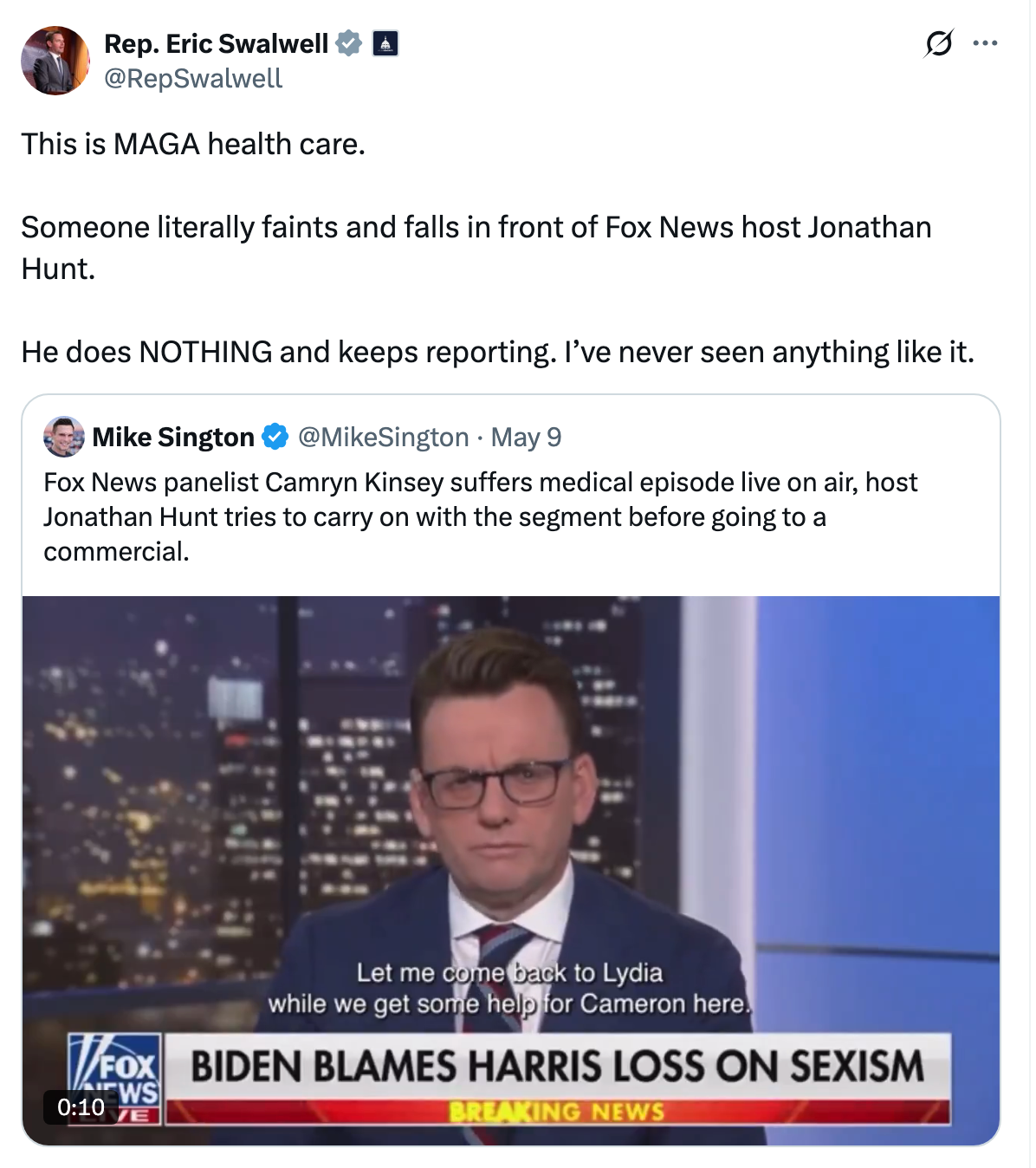 Tweet from Rep. Eric Swalwell criticizing Fox News reporter Jonathan Hunt for not reacting when a guest faints during a segment